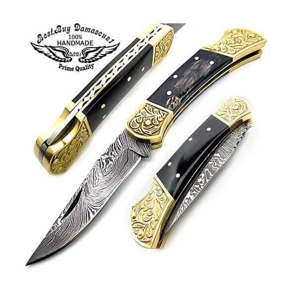 Buffalo Horn Scrimshaw Pocket Knife 7.6" - Best Buy Damascus
