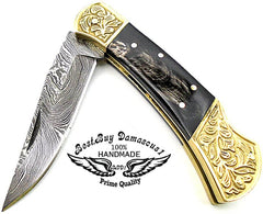 Buffalo Horn Scrimshaw Pocket Knife 7.6" - Best Buy Damascus