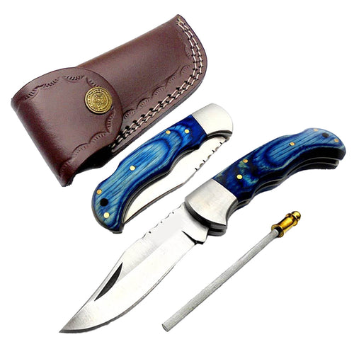 Blue Bolster Wood Stainless Pocket Knife Set