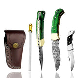 Green Wood Damascus Pocket Knife Set