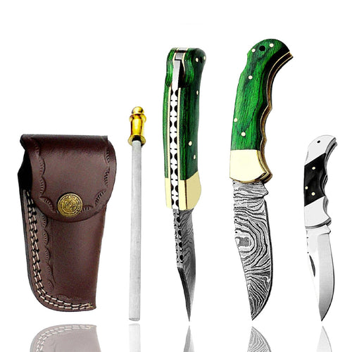 Green Wood Damascus Pocket Knife Set