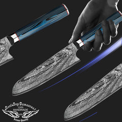 Kitchen Knife Set 9 Pcs Japanese AUS - 10 Damascus Steel Chef Knife Set Blue G10 Knife Set Professional Chef Knife Block Set - Best Buy Damascus