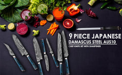 Kitchen Knife Set 9 Pcs Japanese AUS - 10 Damascus Steel Chef Knife Set Blue G10 Knife Set Professional Chef Knife Block Set - Best Buy Damascus