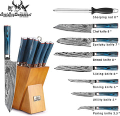 Kitchen Knife Set 9 Pcs Japanese AUS - 10 Damascus Steel Chef Knife Set Blue G10 Knife Set Professional Chef Knife Block Set - Best Buy Damascus