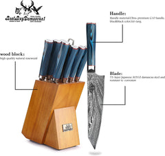 Kitchen Knife Set 9 Pcs Japanese AUS - 10 Damascus Steel Chef Knife Set Blue G10 Knife Set Professional Chef Knife Block Set - Best Buy Damascus