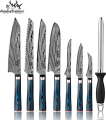 Kitchen Knife Set 9 Pcs Japanese AUS - 10 Damascus Steel Chef Knife Set Blue G10 Knife Set Professional Chef Knife Block Set - Best Buy Damascus