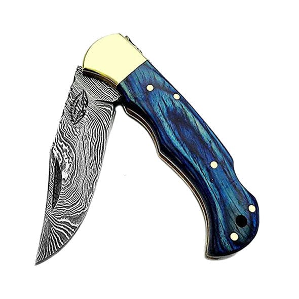 Blue wood Damascus folding pocket knife half open with brass bolster, manual back lock folder