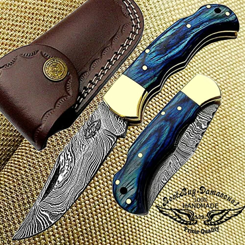 Blue wood Damascus pocket knife open and closed with leather sheath