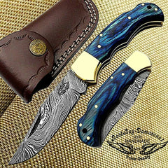 Blue wood Damascus pocket knife open and closed with leather sheath