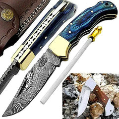knife 6.5" Blue Wood Damascus Steel Folding Pocket Knife Hunting knife Pocket knife for men, Pocket knives set - Best Buy Damascus