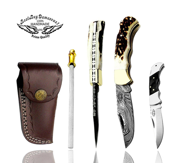 knife 6.5" Deer Antler Horn Folding Pocket Knife Custom Handmade Damascus pocket knife Hunting folding knife set Premium Quality - Best Buy Damascus