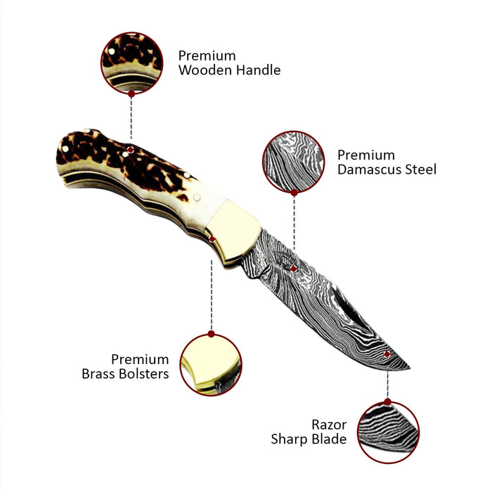 knife 6.5" Deer Antler Horn Folding Pocket Knife Custom Handmade Damascus pocket knife Hunting folding knife set Premium Quality - Best Buy Damascus