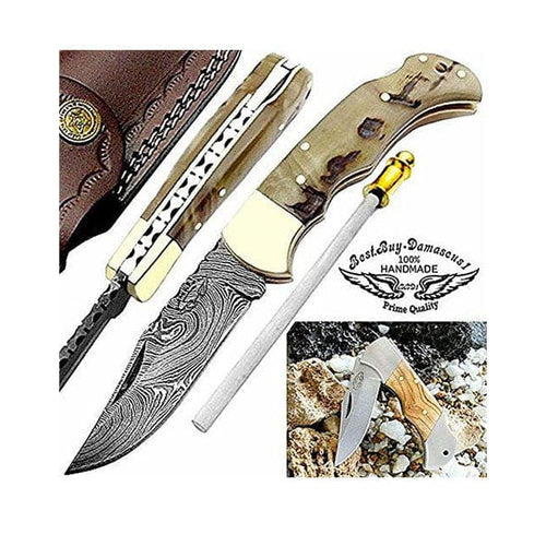knife 6.5" Rams horns Folding Pocket Knife Custom Handmade Damascus pocket knife Hunting Pocket knife set Premium Quality - Best Buy Damascus