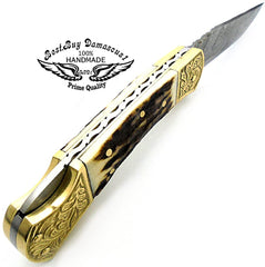 knife Deer Antler Pocket Knife with Scrimshaw Work 7.6'' Damascus Pocket knives gifts for men - Best Buy Damascus