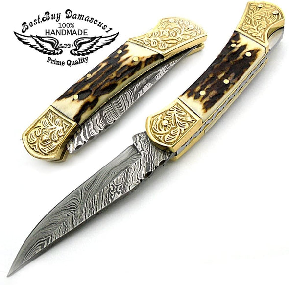 knife Deer Antler Pocket Knife with Scrimshaw Work 7.6'' Damascus Pocket knives gifts for men - Best Buy Damascus