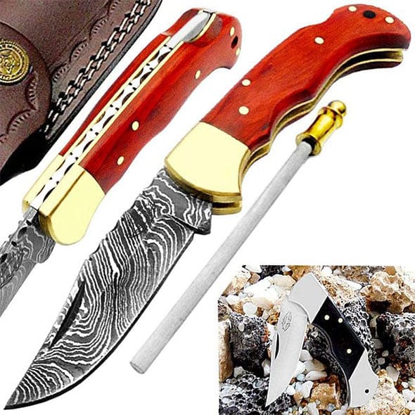 Orange Wood 6.5'' Hunting Pocket Knife - Best Buy Damascus