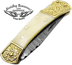 Pocket Knife Camel Bone 7.5'' Handmade Damascus Folding Knife Scrimshaw Work Pocket Knives - Best Buy Damascus