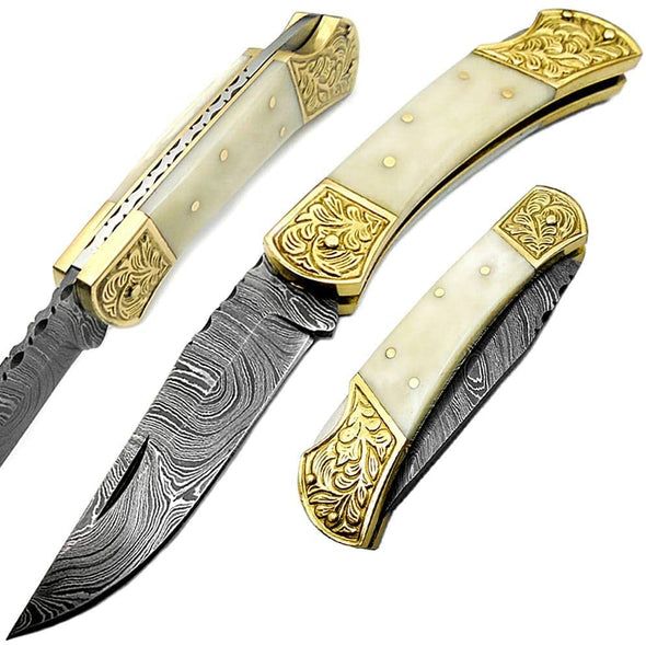 Pocket Knife Camel Bone 7.5'' Handmade Damascus Folding Knife Scrimshaw Work Pocket Knives - Best Buy Damascus