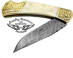 Pocket Knife Camel Bone 7.5'' Handmade Damascus Folding Knife Scrimshaw Work Pocket Knives - Best Buy Damascus
