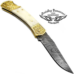 Pocket Knife Camel Bone 7.5'' Handmade Damascus Folding Knife Scrimshaw Work Pocket Knives - Best Buy Damascus