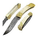 Camel Bone Scrimshaw Damascus Folding Pocket Knife