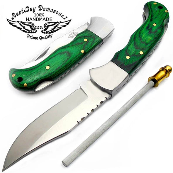 Pocket Knife Green Wood Folding Knife 6.5'' 420c Stainless Steel Hunting Knife Pocket Knife for men - Best Buy Damascus