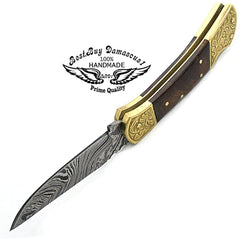 Pocket Knife Rose Wood 7.5" Knife Brass Double Bloster Scrimshaw Work Handmade Damascus Steel Pocket Knife - Best Buy Damascus