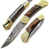 Pocket Knife Rose Wood 7.5" Knife Brass Double Bloster Scrimshaw Work Handmade Damascus Steel Pocket Knife