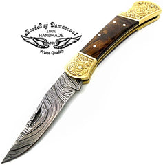 Pocket Knife Rose Wood 7.5" Knife Brass Double Bloster Scrimshaw Work Handmade Damascus Steel Pocket Knife - Best Buy Damascus
