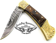 Pocket Knife Rose Wood 7.5" Knife Brass Double Bloster Scrimshaw Work Handmade Damascus Steel Pocket Knife - Best Buy Damascus