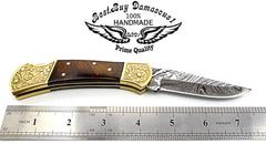 Pocket Knife Rose Wood 7.5" Knife Brass Double Bloster Scrimshaw Work Handmade Damascus Steel Pocket Knife - Best Buy Damascus