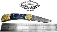 Pocket knives Blue Wood Pocket knife for men Scrimshaw Work 7.6'' knife Damascus Pocket knife Folding Knife gifts for men - Best Buy Damascus
