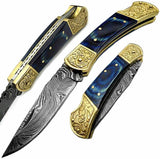 Pocket knives Blue Wood Pocket knife for men Scrimshaw Work 7.6'' knife Damascus Pocket knife Folding Knife gifts for men