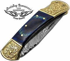 Pocket knives Blue Wood Pocket knife for men Scrimshaw Work 7.6'' knife Damascus Pocket knife Folding Knife gifts for men - Best Buy Damascus