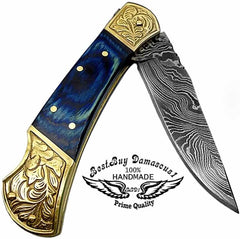 Pocket knives Blue Wood Pocket knife for men Scrimshaw Work 7.6'' knife Damascus Pocket knife Folding Knife gifts for men - Best Buy Damascus