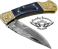 Pocket knives Blue Wood Pocket knife for men Scrimshaw Work 7.6'' knife Damascus Pocket knife Folding Knife gifts for men - Best Buy Damascus