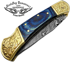 Pocket knives Blue Wood Pocket knife for men Scrimshaw Work 7.6'' knife Damascus Pocket knife Folding Knife gifts for men - Best Buy Damascus