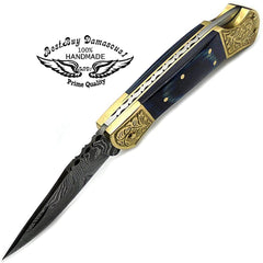 Pocket knives Blue Wood Pocket knife for men Scrimshaw Work 7.6'' knife Damascus Pocket knife Folding Knife gifts for men - Best Buy Damascus