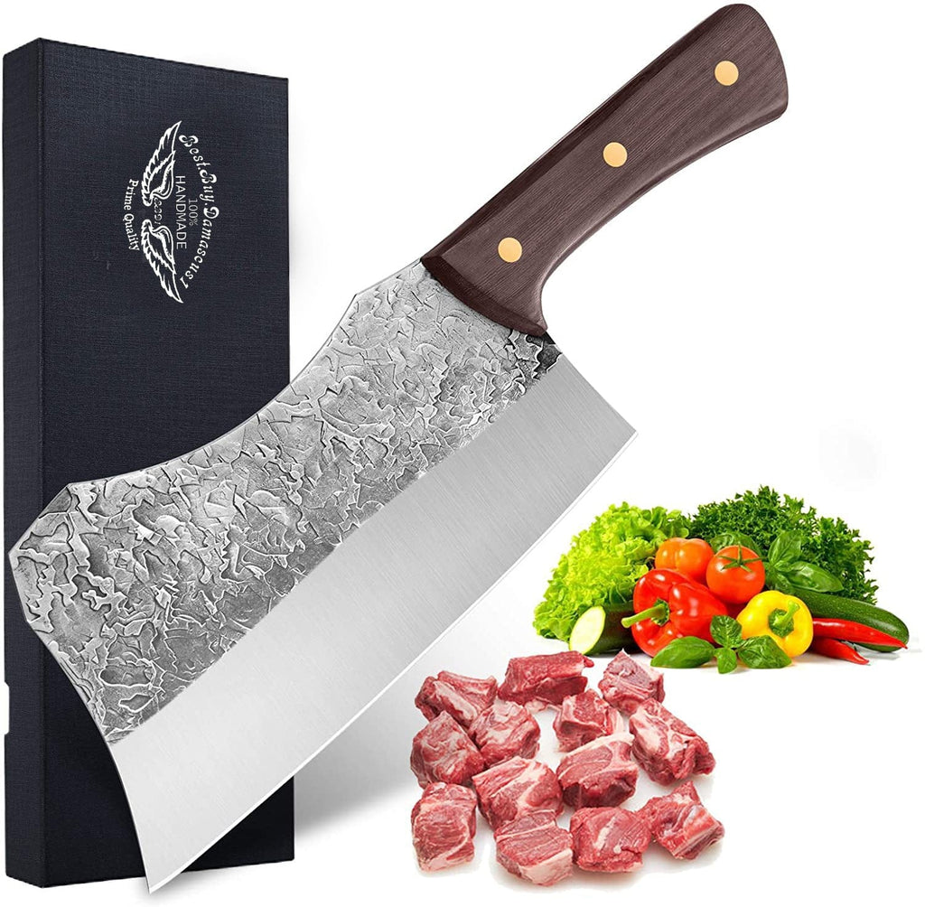 Hand Forged Cleaver Knife Bone Cutting 7 Inch High Carbon Steel Heavy Duty Meat Butcher Knife Full Tang Chef Knife for Kitchen or Restaurant