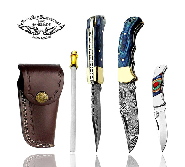 knife 6.5" Blue Wood Damascus Steel Folding Pocket Knife Hunting knife Pocket knife for men, Pocket knives set
