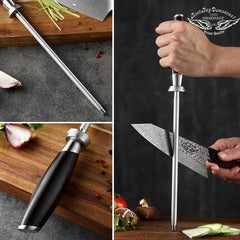 Damascus Steel 7-Piece Kitchen Knife Set with Block Wooden and Sharpener Rod, Professional Chef Knife Set Santoku Carving Utility Paring Knife, Ergonomic G10 Black Handle