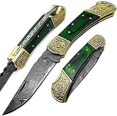 Couteau de poche Damas 7,5" Couteau pliant de travail Scrimshaw en bois vert 