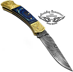 Pocket knives Blue Wood Pocket knife for men Scrimshaw Work 7.6'' knife Damascus Pocket knife Folding Knife gifts for men