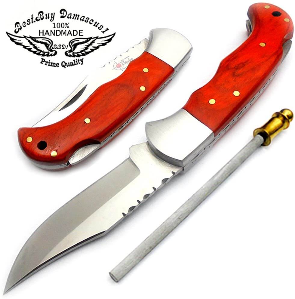 Pocket Knife Orange Wood Folding Knife 6.5'' 420c Stainless Steel Hunting Knife Pocket Knife for men