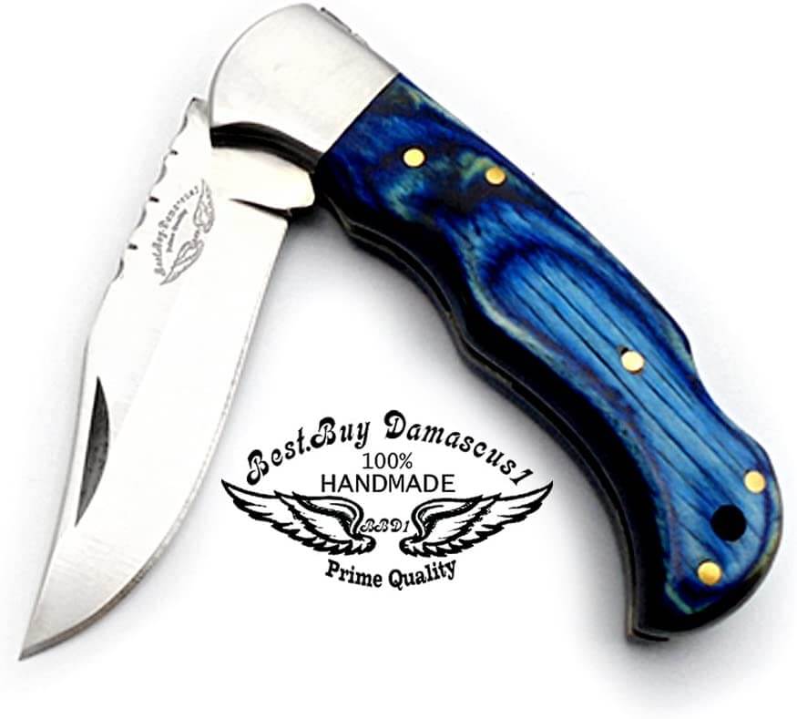 Custom Handmade Stainless Steel Sliver Bolster Wood Pocket Knife, Blue, 6.5"