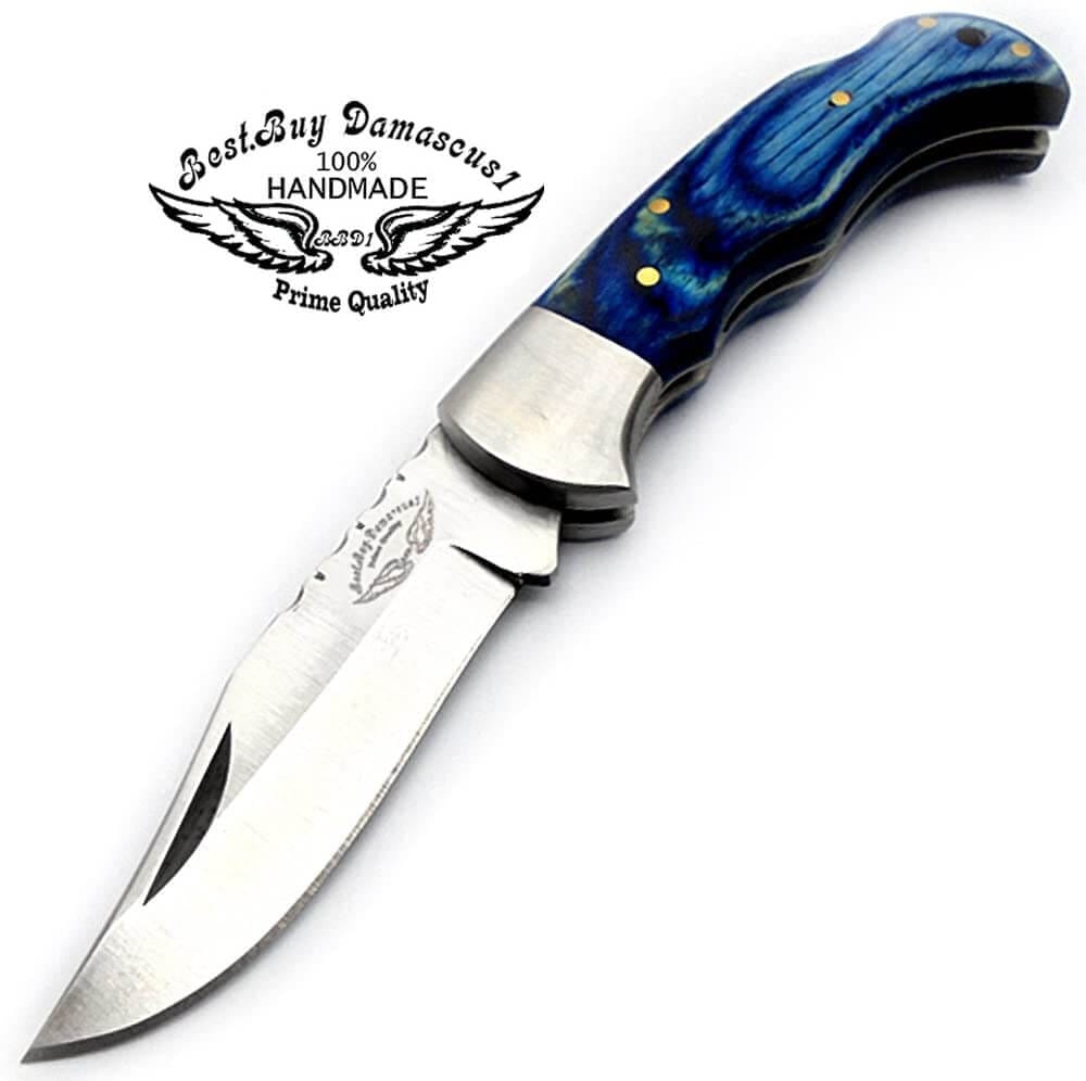 Custom Handmade Stainless Steel Sliver Bolster Wood Pocket Knife, Blue, 6.5"