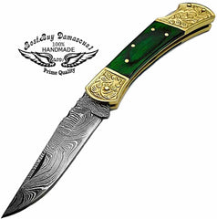 Couteau de poche Damas 7,5" Couteau pliant de travail Scrimshaw en bois vert 
