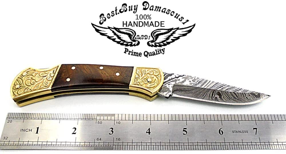 Pocket Knife Rose Wood 7.5" Knife Brass Double Bloster Scrimshaw Work Handmade Damascus Steel Pocket Knife