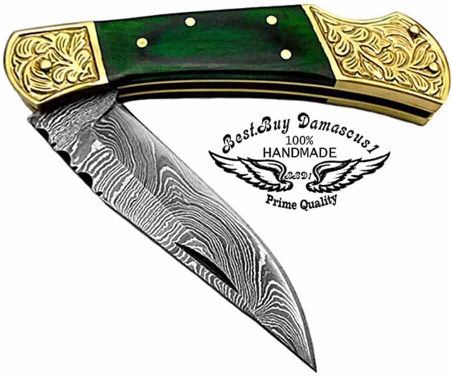 Damascus Pocket Knife 7.5" Green Wood Scrimshaw Work Folding Knife