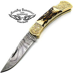 knife Deer Antler Pocket Knife with Scrimshaw Work 7.6'' Damascus Pocket knives gifts for men